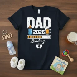 Dad 2026 Loading... t-shirt design with baby bottle, beer mug, and progress bar graphic
