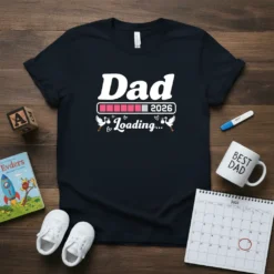 Dad 2026 Loading... text with a progress bar and storks carrying babies design on a dark t-shirt