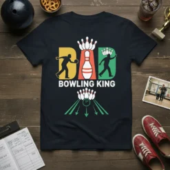 Dad Bowling King text design with bowling pin graphic and silhouettes of bowlers