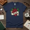 Dad Heart Tattoo T-Shirt design featuring a realistic anatomical heart with "DAD" banner and green leaves