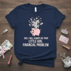 Dad, I Will Always Be Your Little Girl Financial Problem quote on a navy t-shirt with a piggy bank graphic