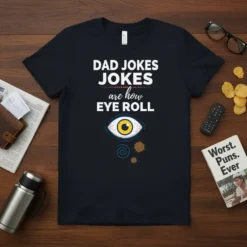Dad Jokes Jokes Are How Eye Roll T-Shirt featuring bold white text and an eye graphic with swirling lines