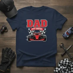 Dad Pit Crew T-Shirt with a red race car and checkered flags, designed for racing enthusiasts and fathers