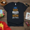 Dad Rules Until Mom Gets Home quote t-shirt with crown graphic, available in black