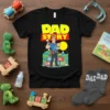 Dad Story t-shirt design featuring a father holding a baby, inspired by classic toy movie typography and blocks spelling 'DAD'