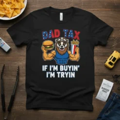 Dad Tax If I'm Buyin' I'm Tryin t-shirt with a muscular badger holding a burger and fries