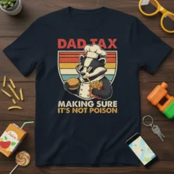 Dad Tax Making Sure It's Not Poison T-Shirt with a badger chef inspecting a burger and fries. Retro sunset graphic