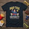 Dad Tax University Majoring In Fry Sampling T-Shirt design featuring a superhero dad with two kids and french fries