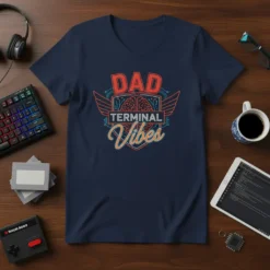 Dad Terminal Vibes text with brain graphic and wings on a navy blue t-shirt