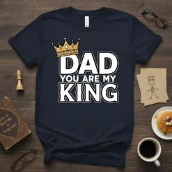 Navy blue t-shirt with white text "DAD YOU ARE MY KING" and a gold crown graphic above