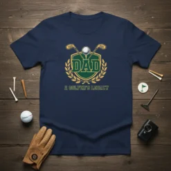 Navy t-shirt with "DAD A GOLFER'S LEGACY" text and golf club graphic