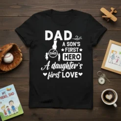 DAD A SON'S FIRST HERO A daughter's first LOVE text design on a black t-shirt, featuring stylized father-child graphics