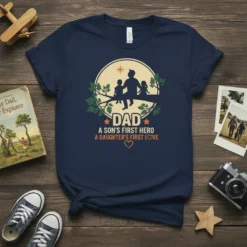 Dad A Son's First Hero A Daughter's First Love text design on a navy t-shirt with a silhouette of a
