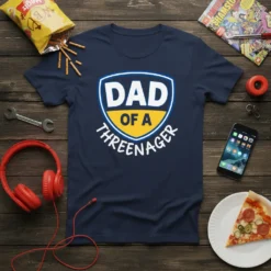 Navy blue t-shirt with "Dad of a Threenager" text in a shield design, white and yellow accents