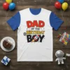 Dad Of The Birthday Boy t-shirt with red and yellow text and a rocket graphic