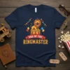 Dad of the Ringmaster t-shirt with a cartoon lion in a circus hat standing on a drum, surrounded by balloons