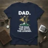 Dad The Man The Myth The Legend quote t-shirt with superhero graphic and mountain illustration