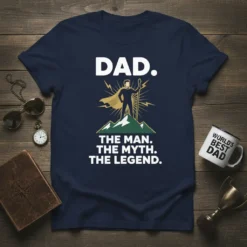 Dad The Man The Myth The Legend quote t-shirt with superhero graphic and mountain illustration