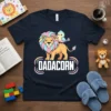 Dadacorn t-shirt design with a cute lion and bird, featuring colorful mane and text "Dadacorn"
