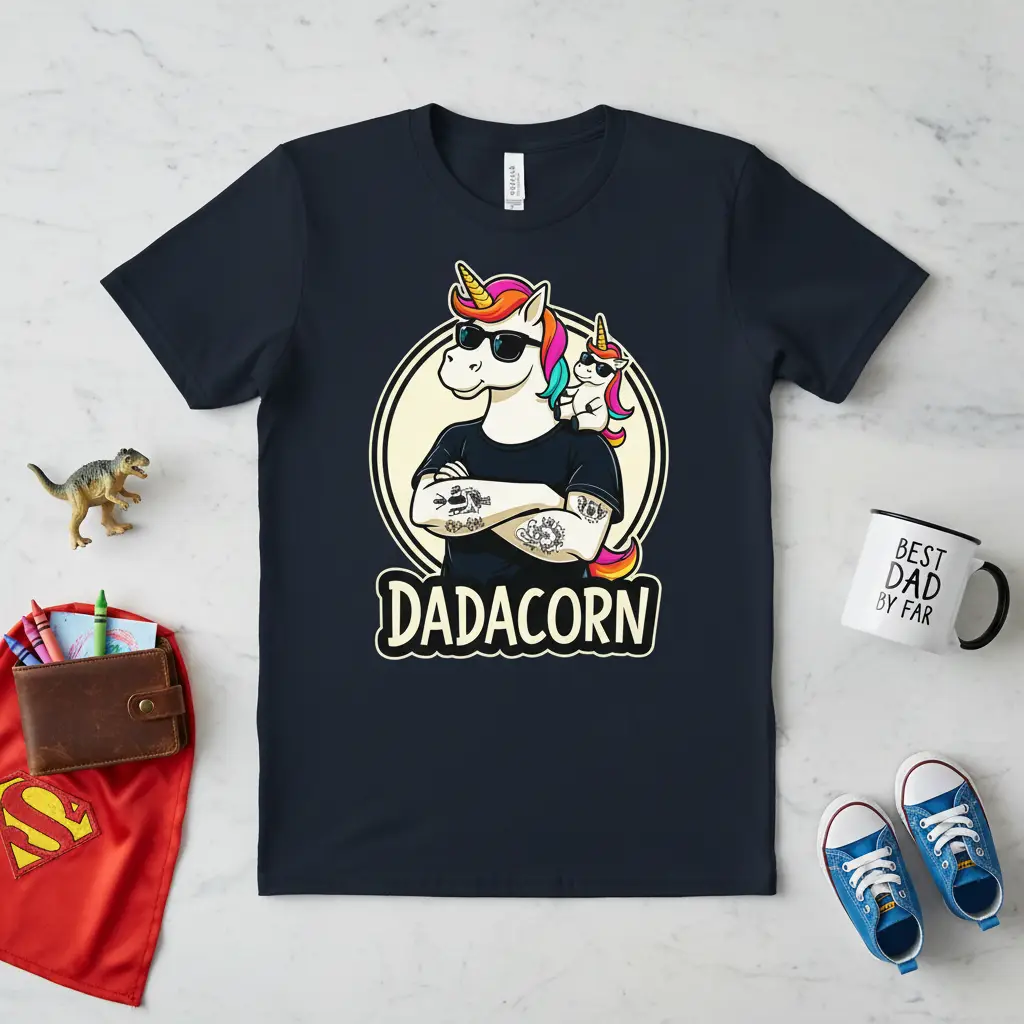 Cool tattooed unicorn dad with sunglasses and baby unicorn on shoulder, text reads DADACORN