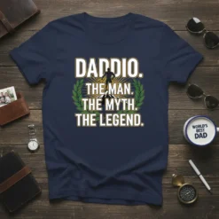 Daddio The Man The Myth The Legend quote t-shirt with laurel wreath graphic and silhouette of a man on a