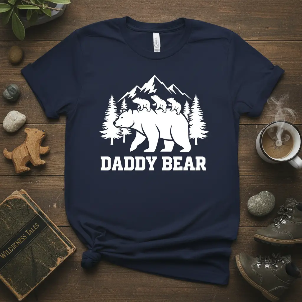 Daddy Bear graphic t-shirt with a father bear and cubs walking through a mountain forest scene