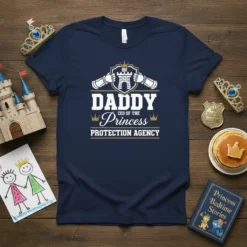 Daddy CEO of the Princess Protection Agency text design on a navy blue t-shirt with shield and cannons graphic
