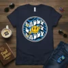 Retro "Daddy Daddy Daddy" text with a smiling lightning bolt graphic on a navy t-shirt