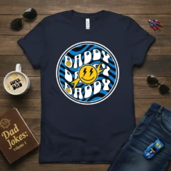 Retro "Daddy Daddy Daddy" text with a smiling lightning bolt graphic on a navy t-shirt