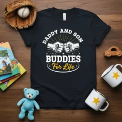 Daddy and Son Buddies For Life text design with fist bump graphic on black t-shirt