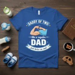 Daddy of Two Like a Regular Dad Just Twice as Cool blue t-shirt design with flexing arm graphic and festive