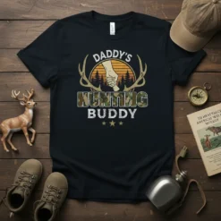 Daddy's Hunting Buddy t-shirt design with vintage sunset, antlers, and father-child holding hands graphic