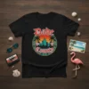 Black t-shirt featuring a retro Dade County design with a Miami skyline, palm trees, and a sunset graphic