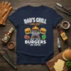 Dad's Grill Sous Chef Until Theese Burgers Are Served T-Shirt with graphic of burgers, grill, and chef tools