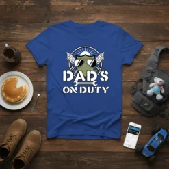 Dad's On Duty t-shirt with white text, sunglasses, and tools graphic