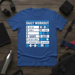 Daily Workout Routine T-Shirt with fitness icons and exercise list in blue and white text