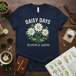 Daisy Days Bloom & Grow quote with a bouquet of white daisies on a navy t-shirt