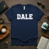 Navy blue t-shirt with "DALE" in bold white collegiate-style font