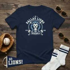 Dallas Lions Baseball T-Shirt with a fierce lion graphic, baseball bats, and text "Dallas Lions Baseball Estd 2023"