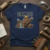 Dam It! funny beaver construction t-shirt with a beaver wearing a hard hat carrying a log