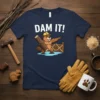 Dam It! text with a cartoon beaver in a hard hat holding a log, standing in water near a dam