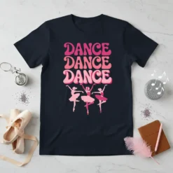 DANCE DANCE DANCE text with three ballet dancers in pink tutus on a navy t-shirt