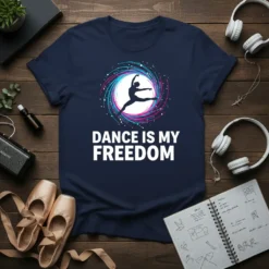 Dance Is My Freedom quote on a navy t-shirt with a silhouette of a dancer in a dynamic pose within