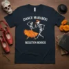 Dance Marabou Skeleton Boogie t-shirt design with two skeletons dancing, white text on dark fabric