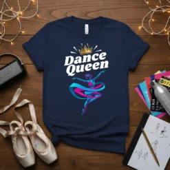 Navy blue t-shirt with "Dance Queen" text and a crowned ballerina graphic in pink and blue ribbons