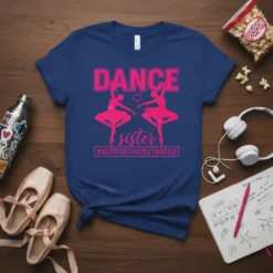 Dance sister t-shirt with pink text "DANCE sister #SUPPORTIVEBUTBORED" and two ballet dancers in pink
