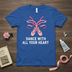 Ballet dancer t-shirt with pink ballet slippers and ribbons, featuring the quote "Dance With All Your Heart" in white text
