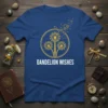 Dandelion Wishes text with golden dandelions graphic on a blue t-shirt, boho style