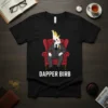 Black t-shirt featuring the text "Dapper Birb" and a cartoon cockatiel wearing a suit while sitting in a red armchair