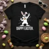 Dappy Easter. text with a cool, sunglasses-wearing bunny graphic on a black t-shirt